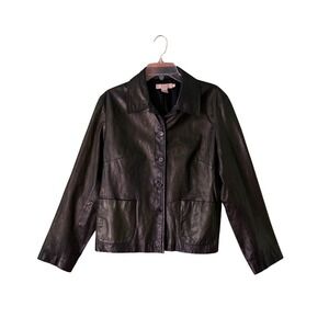 J. Crew Leather Jacket Black Green Oil Slick Irridescent Button Front (Size L)